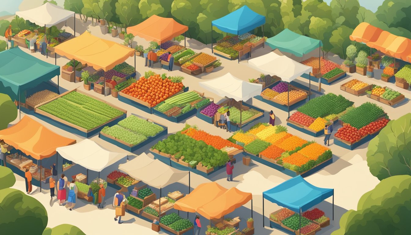 Lush fields and rolling hills surround a bustling farmers market, with colorful stalls showcasing fresh produce and artisanal goods