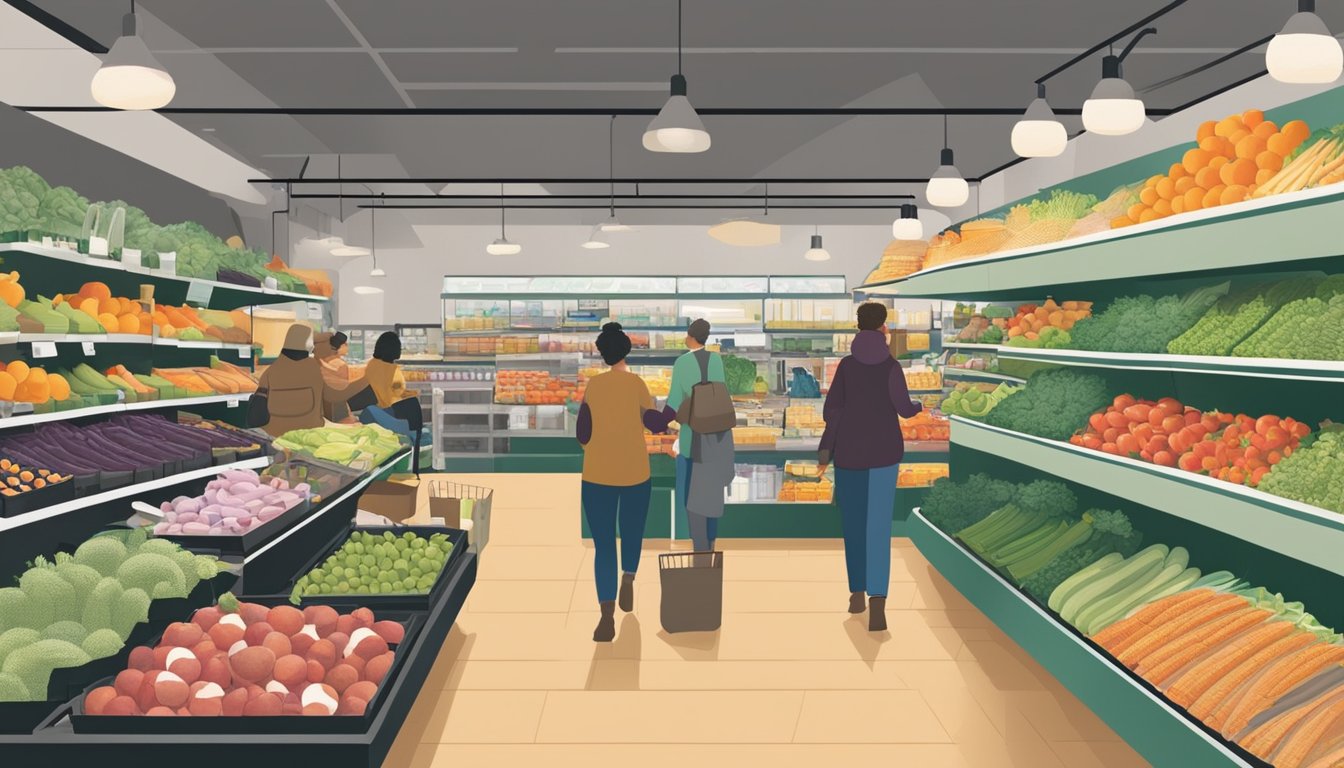 A bustling local food co-op in Joliet, IL, with diverse produce, shelves stocked with goods, and customers browsing