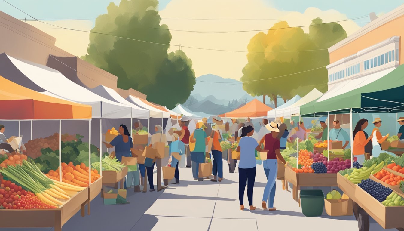 A bustling farmers' market with a variety of fresh produce, local vendors, and customers exchanging goods at a community-supported agriculture program in Ventura, CA