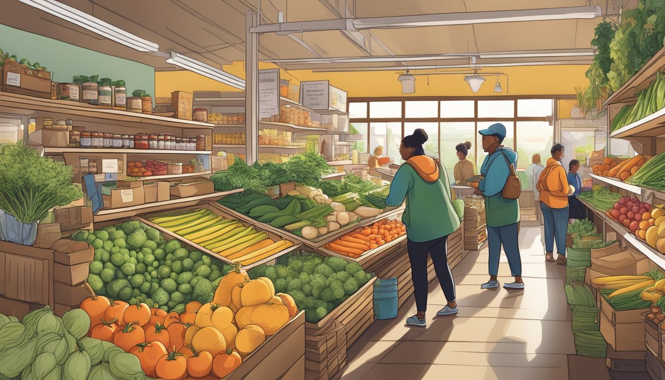 A bustling local food coop with customers browsing produce and chatting with staff. Shelves stocked with organic goods and a vibrant community atmosphere