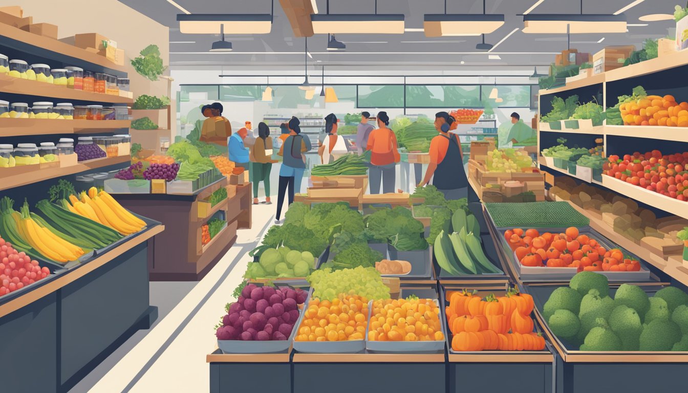 A bustling local food coop with customers browsing shelves and chatting with staff. A colorful array of fresh produce and local goods fills the space