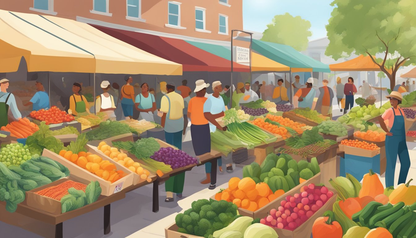 A bustling farmers' market with diverse produce and smiling vendors