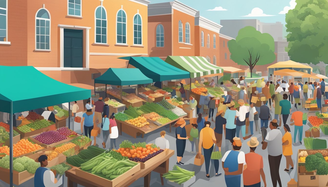 A bustling farmers' market with diverse produce and local goods, surrounded by enthusiastic customers and vendors