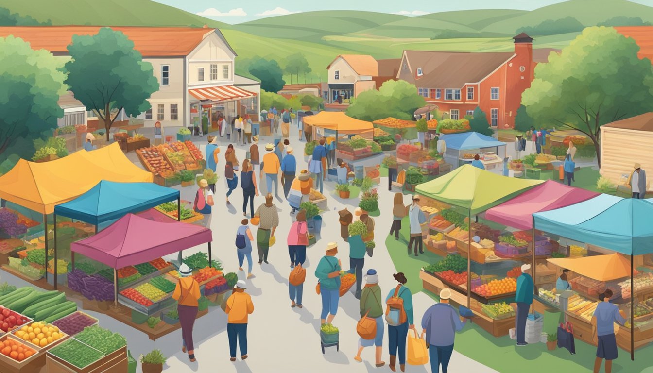 A bustling farmers' market with colorful stalls and diverse produce, surrounded by rolling hills and small farms in Olathe, KS