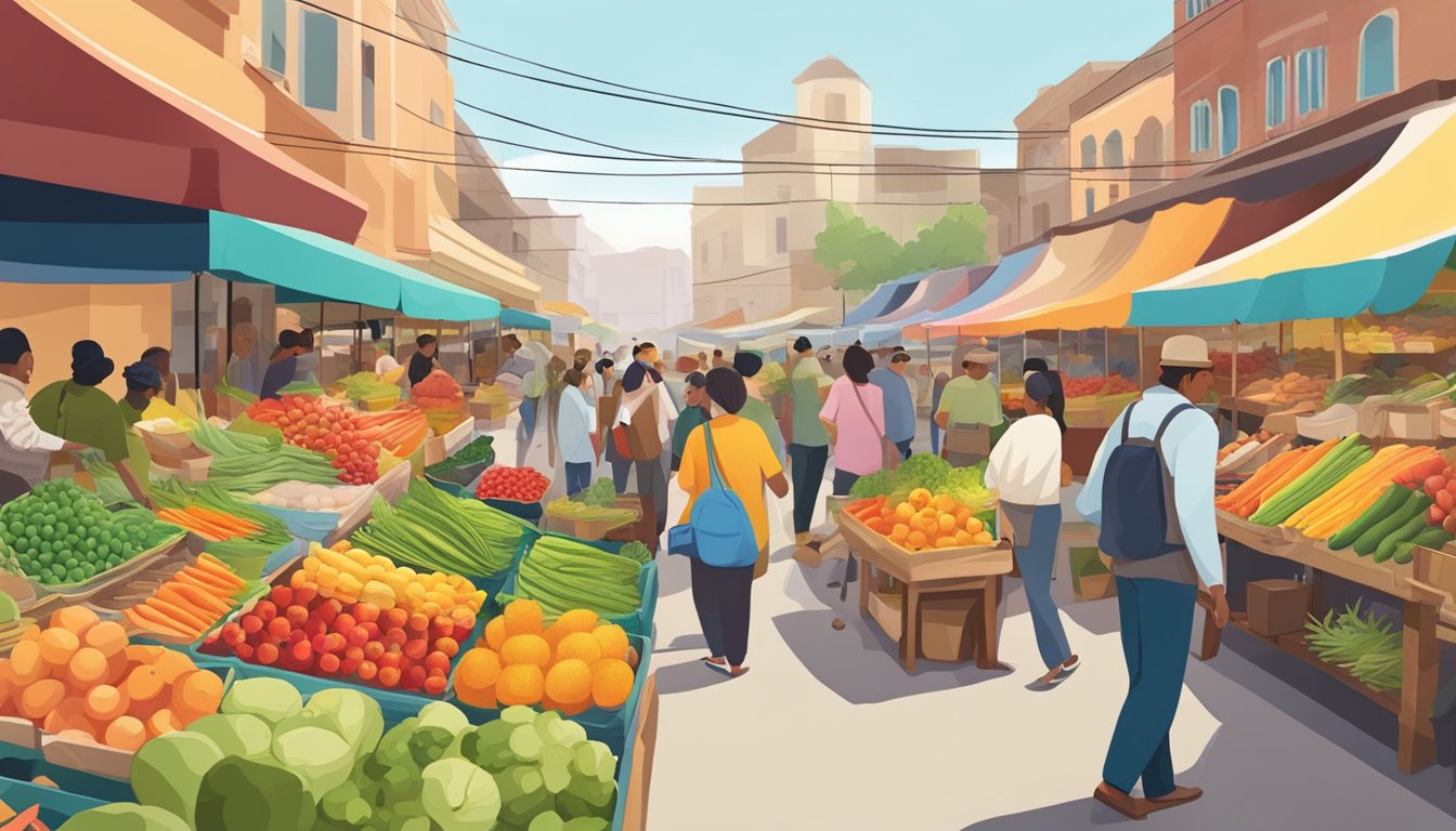 A bustling market with colorful produce, local goods, and friendly vendors