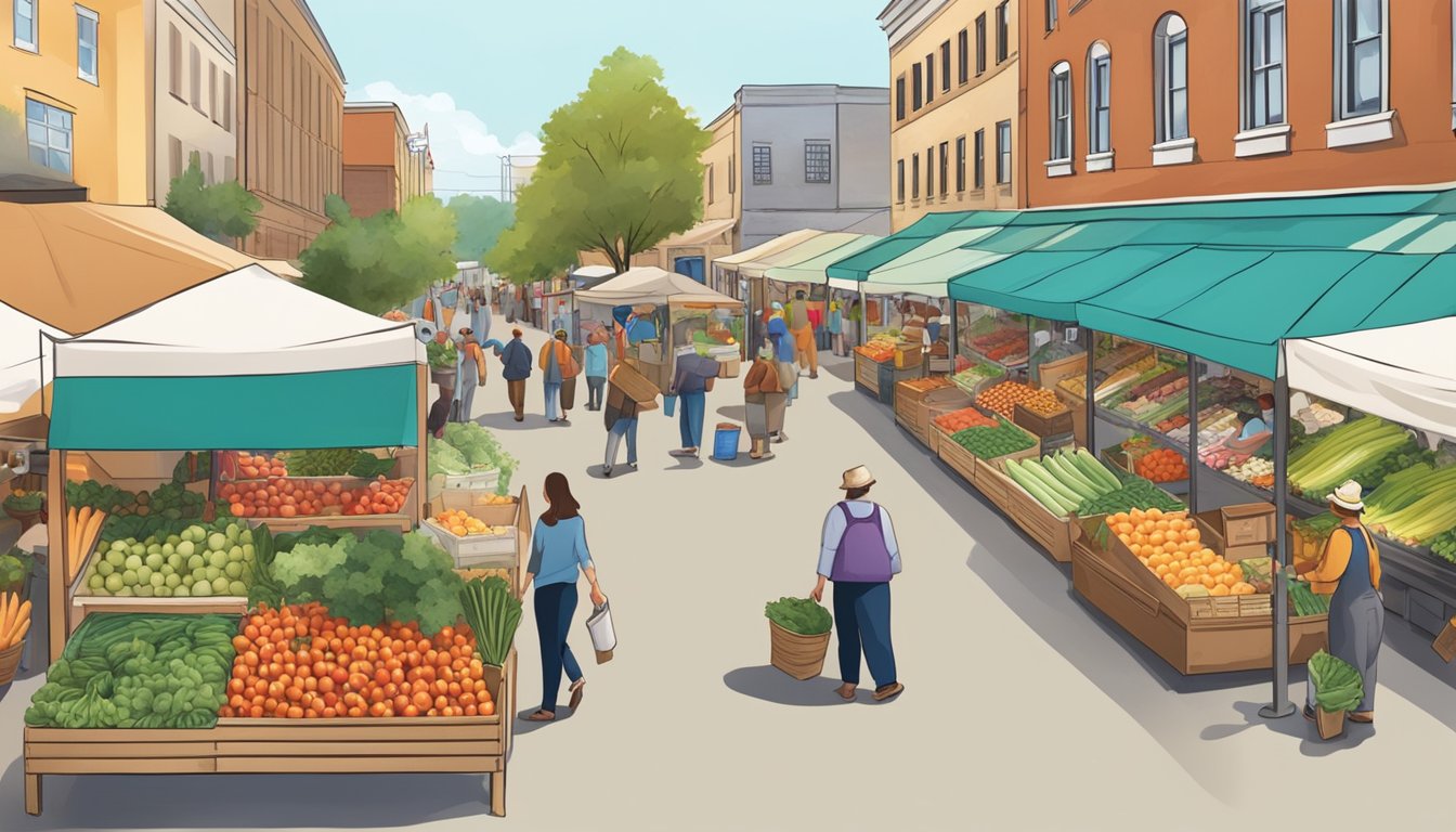 A bustling farmer's market with fresh produce, locally made goods, and friendly vendors