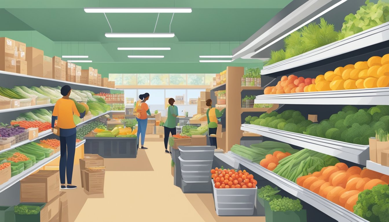 A bustling local food coop with shelves stocked with fresh produce, a variety of packaged goods, and a helpful staff assisting members