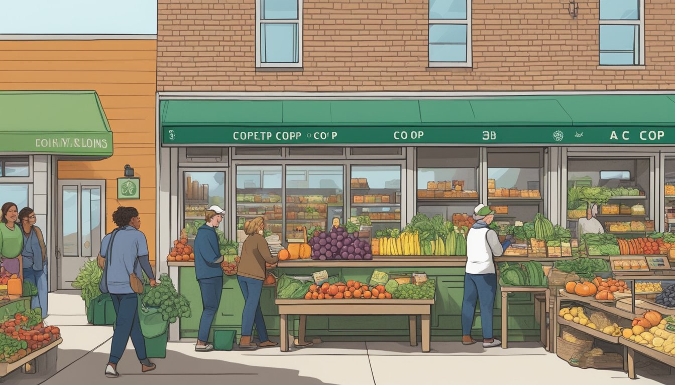 A bustling local food co-op in Olathe, KS, with members browsing produce, chatting with staff, and perusing membership information