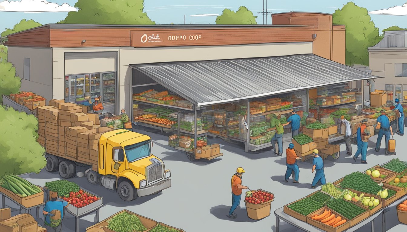 A bustling local food co-op in Olathe, KS with trucks unloading fresh produce and busy workers organizing shelves