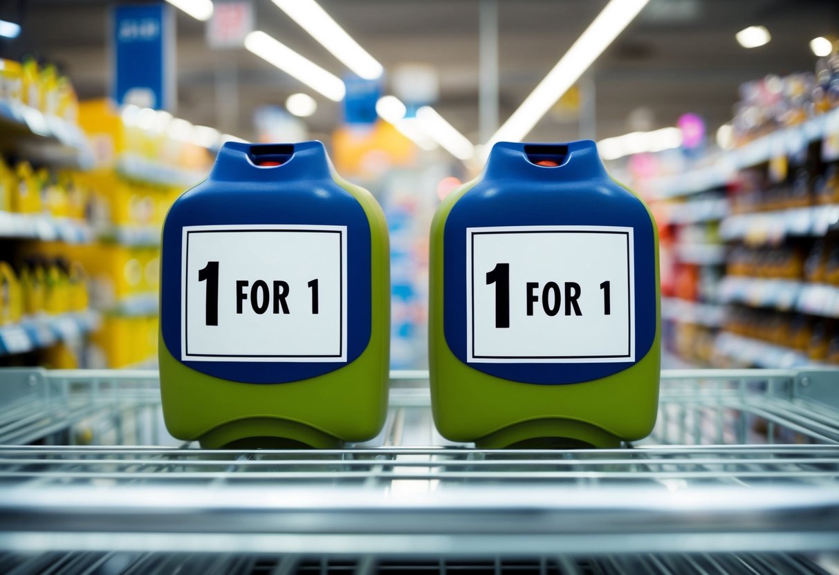 Two identical items arranged side by side with a prominent "1 for 1" label, surrounded by other products in a busy store