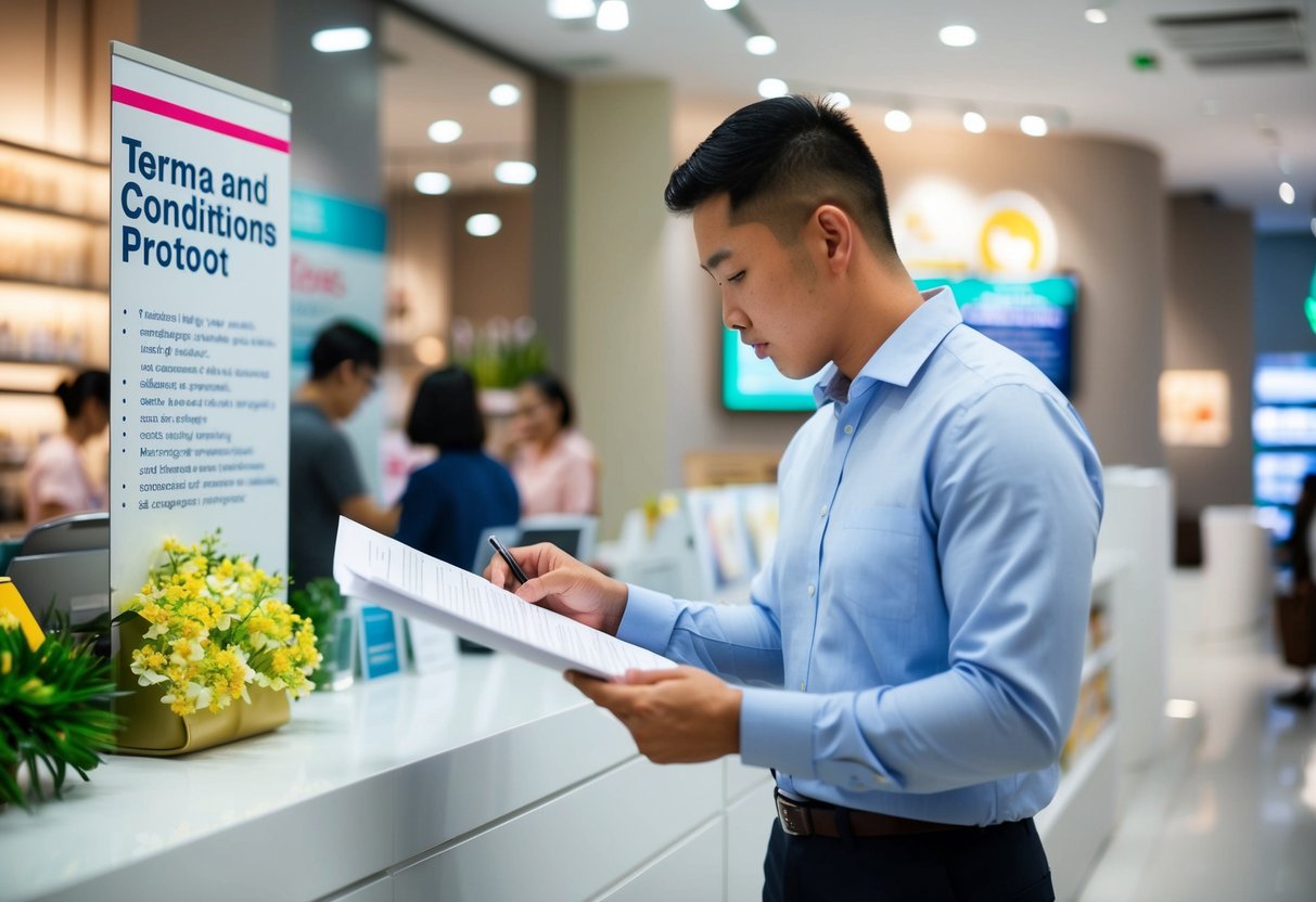 A customer reading a lengthy terms and conditions document with a promotional sign in a Singaporean store