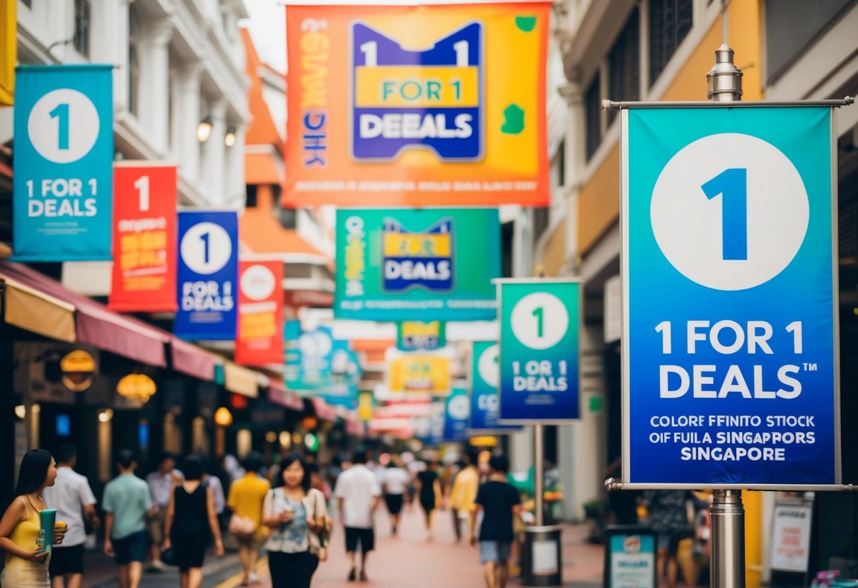 A bustling Singapore street with colorful promotional banners and signs, showcasing 1 for 1 deals