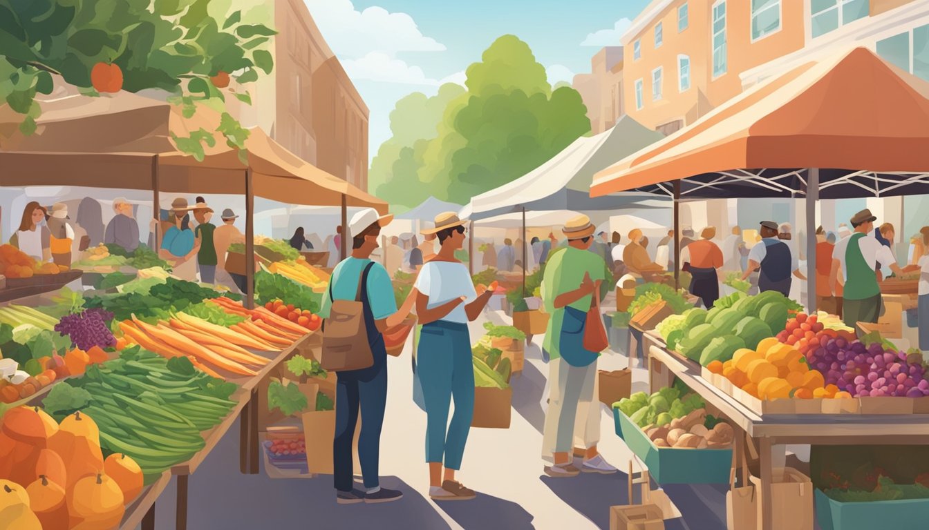 A bustling farmer's market with colorful produce, homemade goods, and friendly vendors. Customers chat and sample local foods while enjoying a sense of community