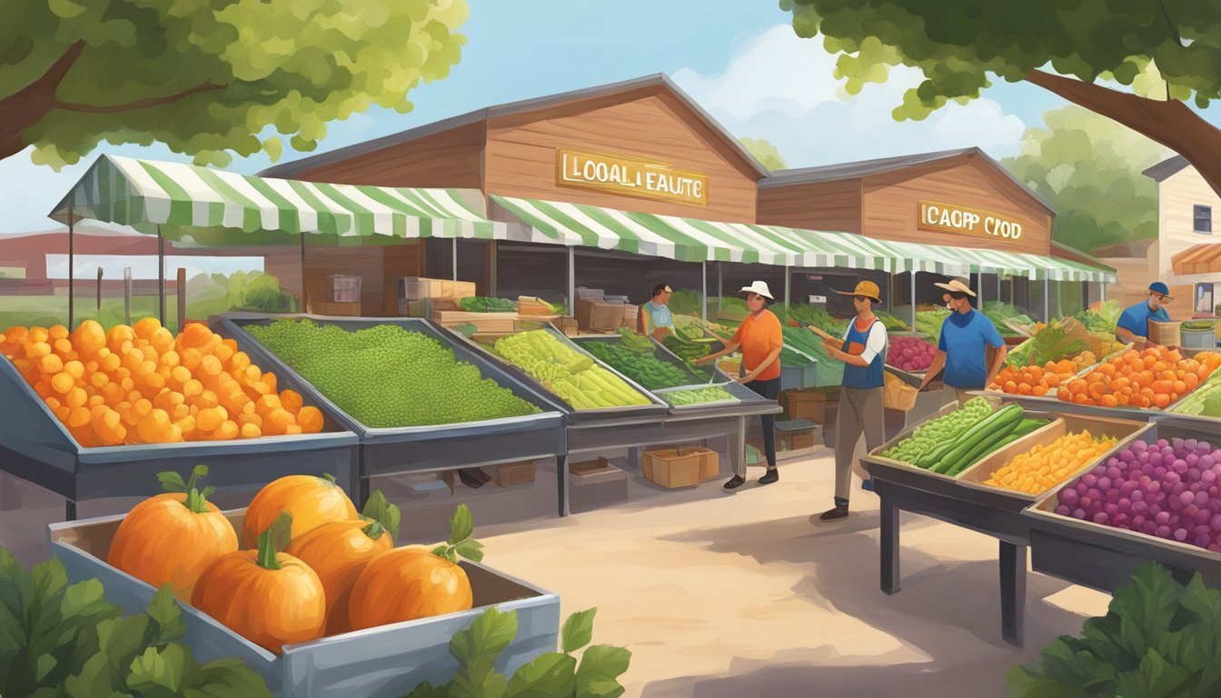 A vibrant local food coop with colorful produce, bustling farmers, and sustainable practices in League City, TX