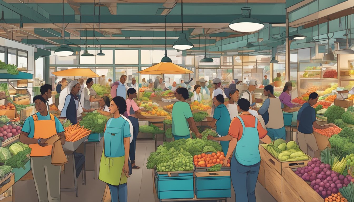 A bustling local food co-op with vendors and customers interacting in a vibrant marketplace setting