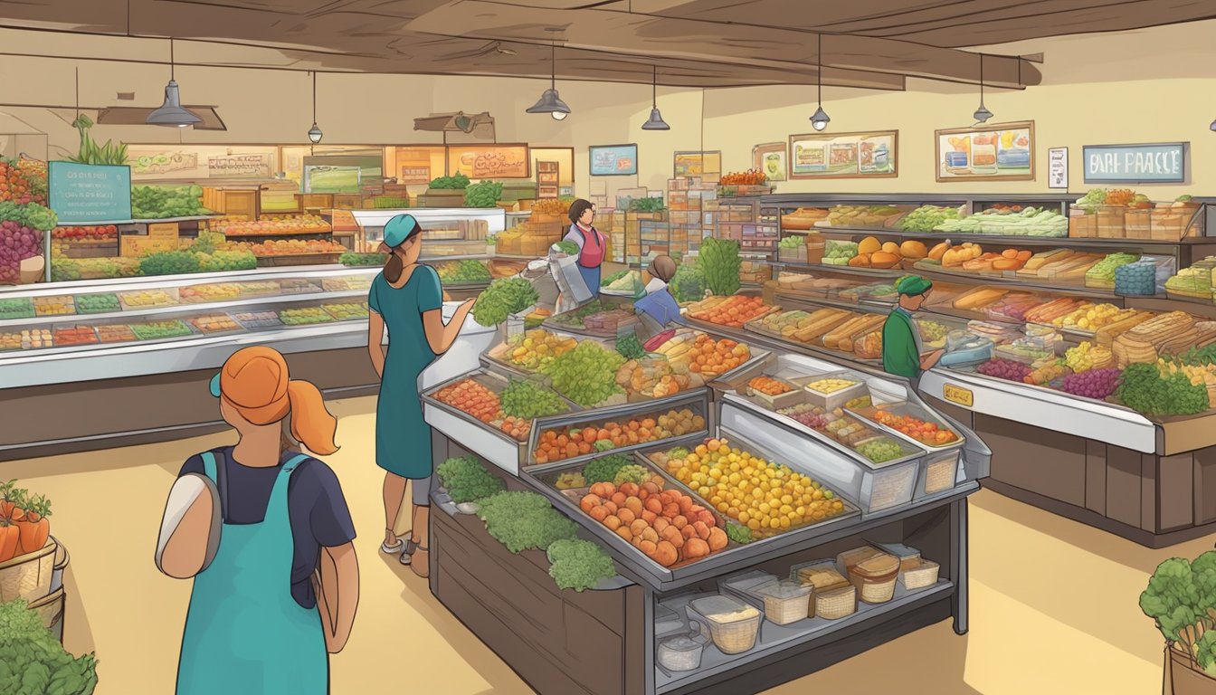 A bustling local food coop with colorful banners and a variety of fresh produce, baked goods, and other products on display. Customers are seen enjoying special discounts and benefits as they shop