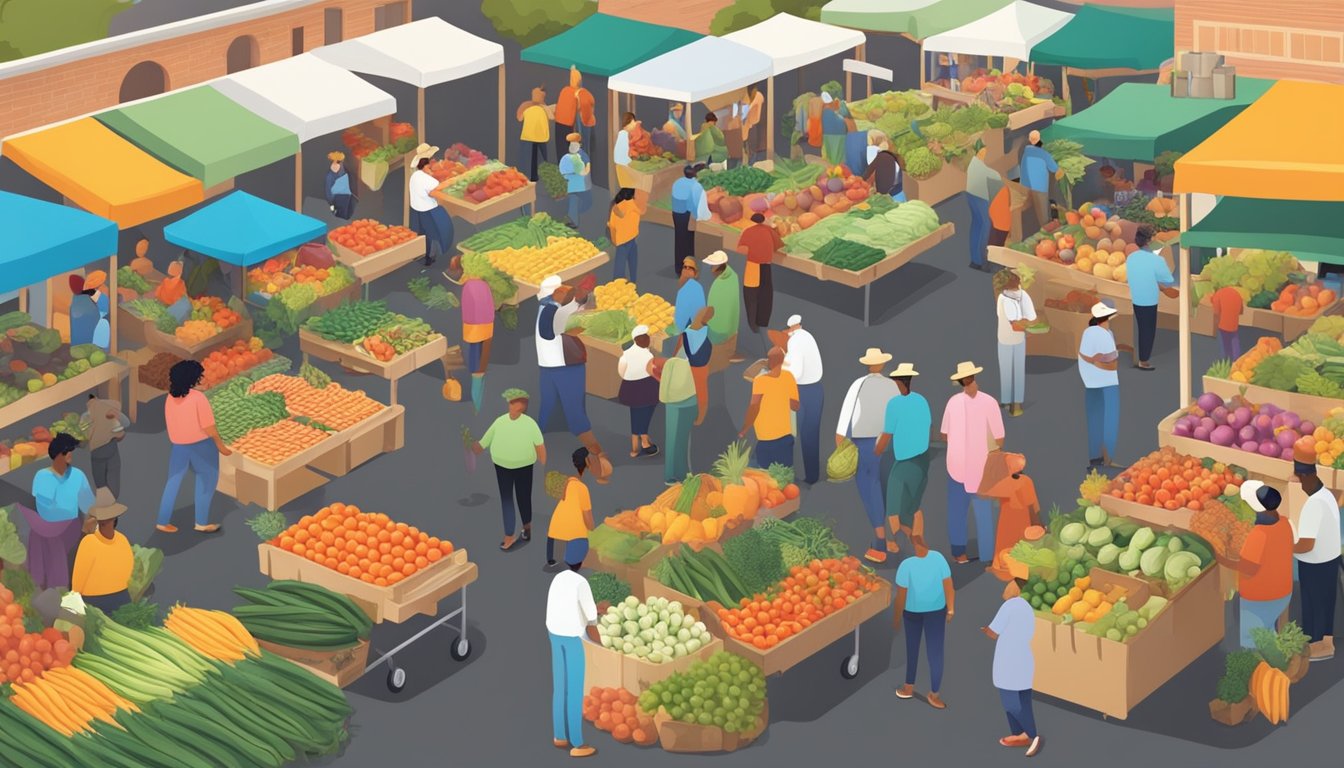 A bustling farmers market with colorful produce, local vendors, and community members exchanging goods and conversation