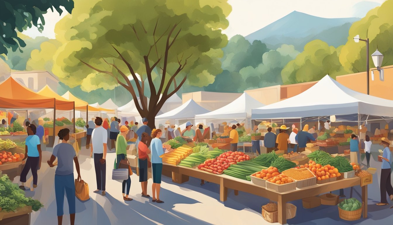 A bustling farmers market with diverse vendors and customers browsing fresh produce and artisanal goods. Outdoor tents and colorful displays fill the lively scene