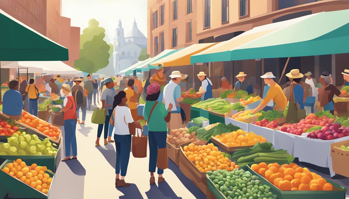 A bustling farmers' market with colorful produce stalls and a diverse crowd browsing local goods