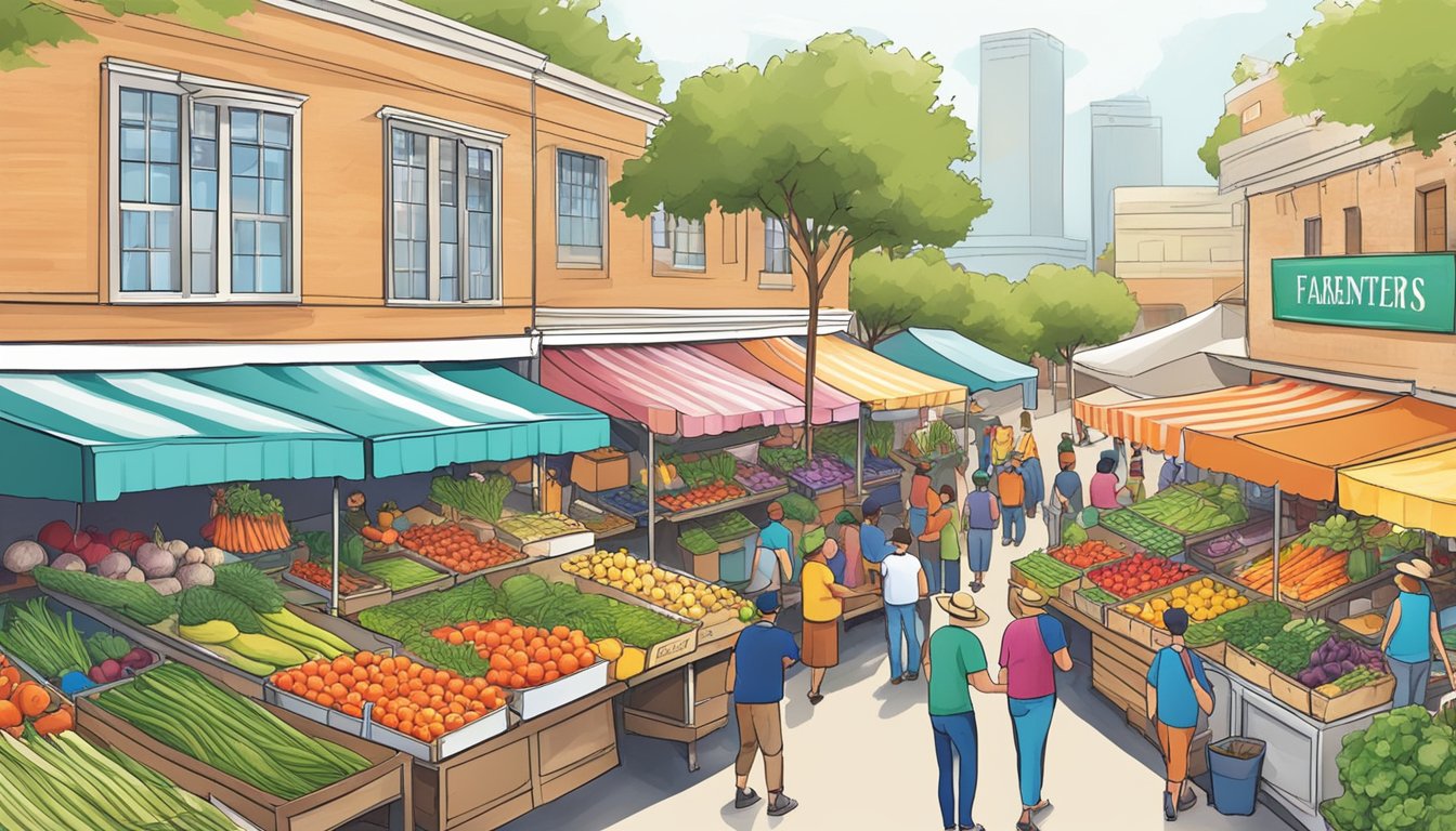 A bustling farmer's market with colorful stalls and fresh produce, surrounded by a vibrant community of local producers in League City, TX