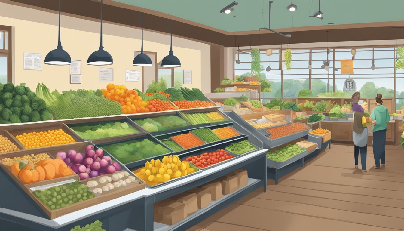 A bustling local food co-op with colorful produce, shelves stocked with organic goods, and a community bulletin board