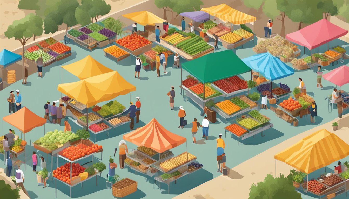 A bustling farmers' market with colorful stalls and diverse produce, set against the backdrop of the Las Cruces landscape