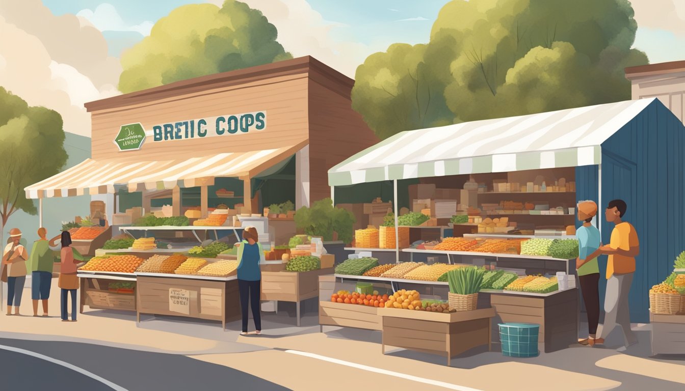 A bustling local food coop with vendors selling fresh produce, baked goods, and artisan crafts. People gather to socialize and enjoy seasonal events