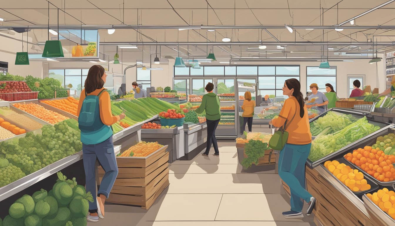 A bustling local food co-op in West Jordan, Utah showcases a variety of sustainably sourced produce and products. Customers browse the colorful displays and interact with friendly staff