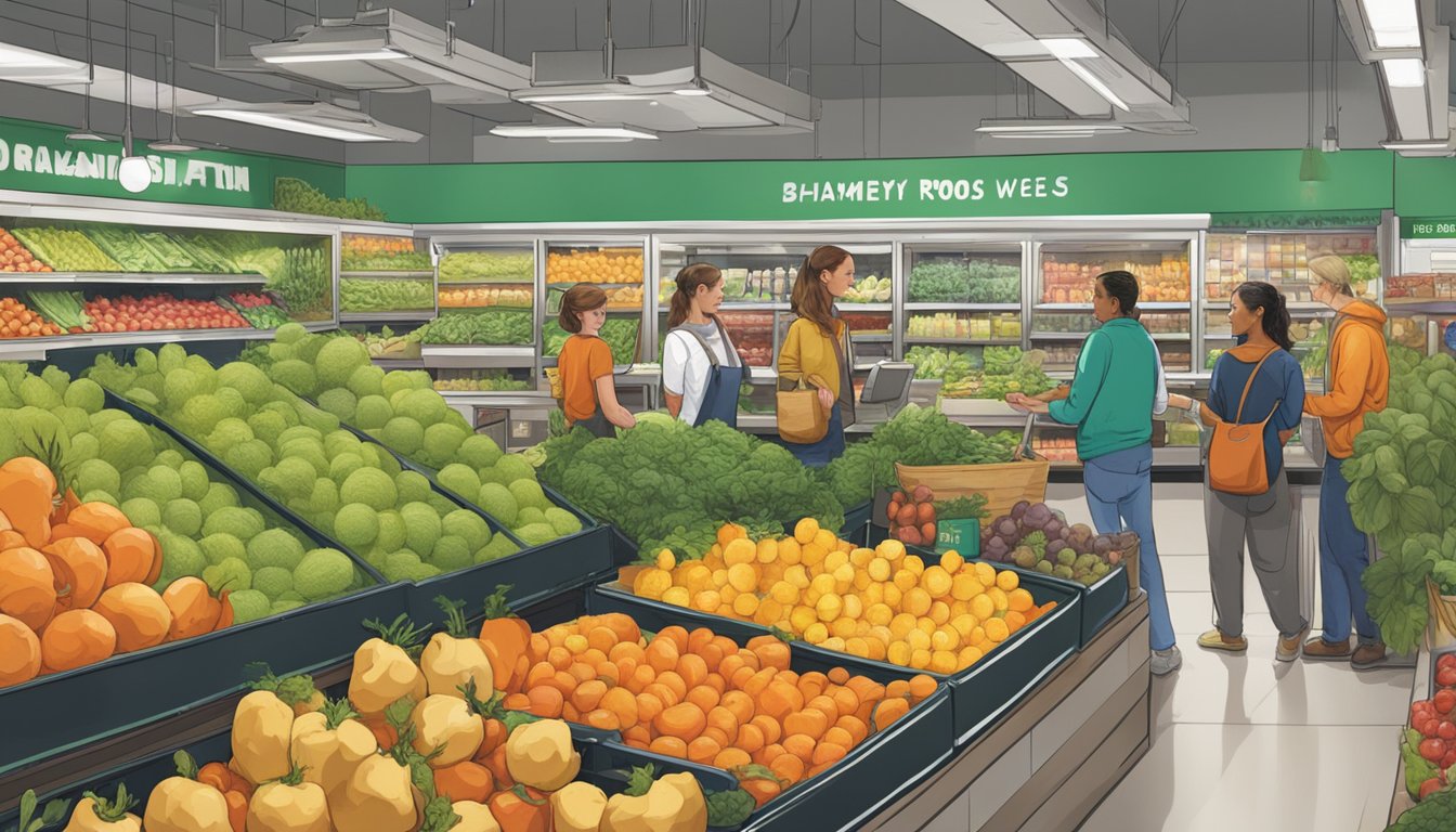 Customers browsing fresh produce and chatting with staff at a bustling local food co-op in West Jordan, Utah