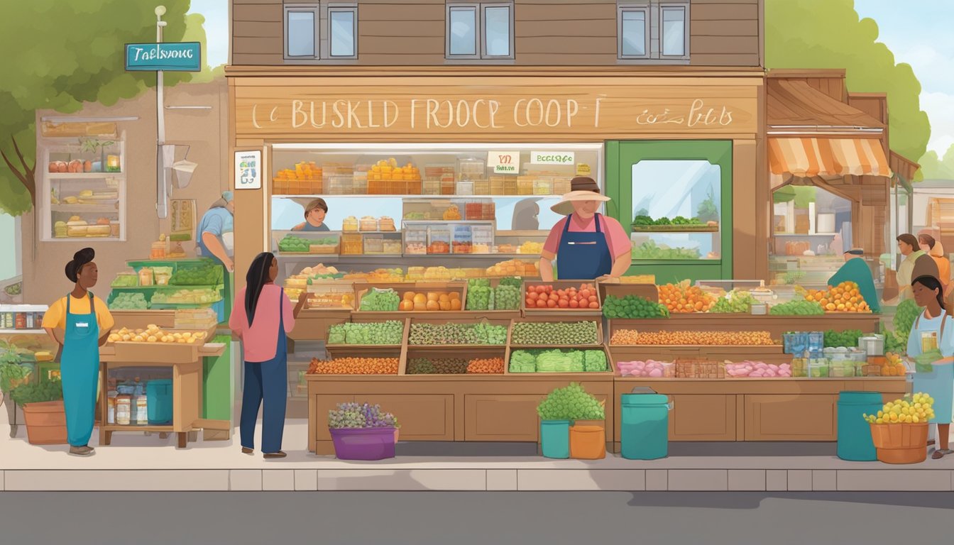 A bustling local food coop with vendors selling fresh produce, baked goods, and homemade products. Customers browse the colorful displays and interact with the friendly vendors