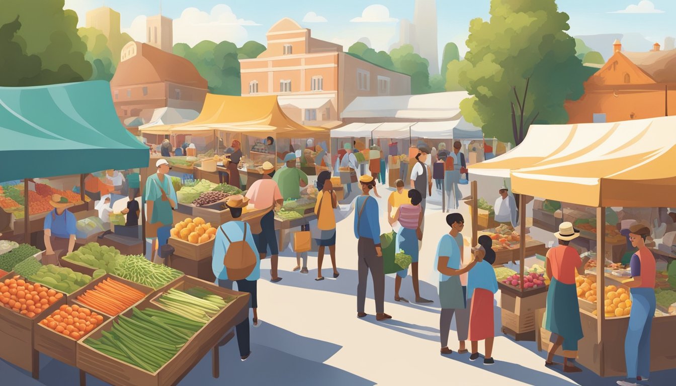 A bustling farmers' market with colorful stalls and a diverse array of fresh produce, baked goods, and artisanal products. Customers chat with local farmers and vendors, creating a vibrant and community-oriented atmosphere