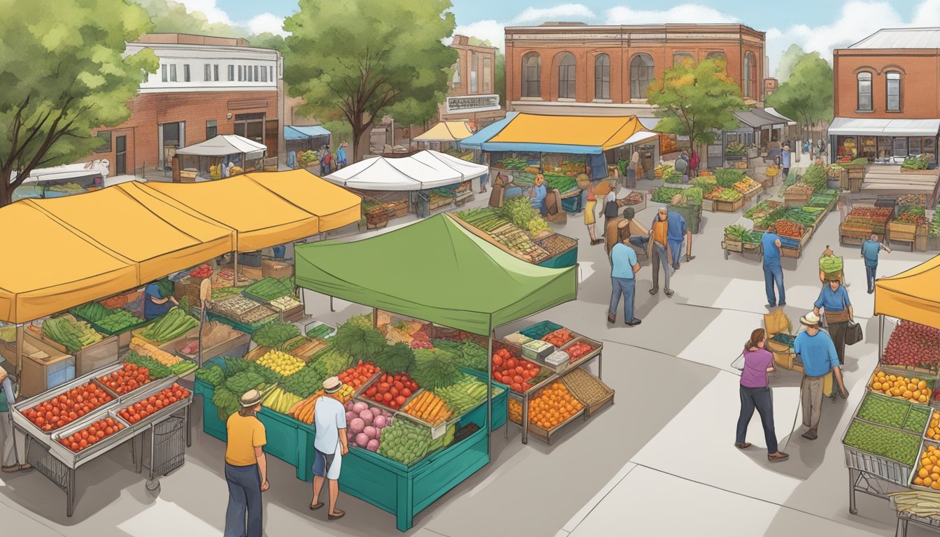 A bustling farmers market with colorful produce stalls and a local food coop guide in Columbia, MO