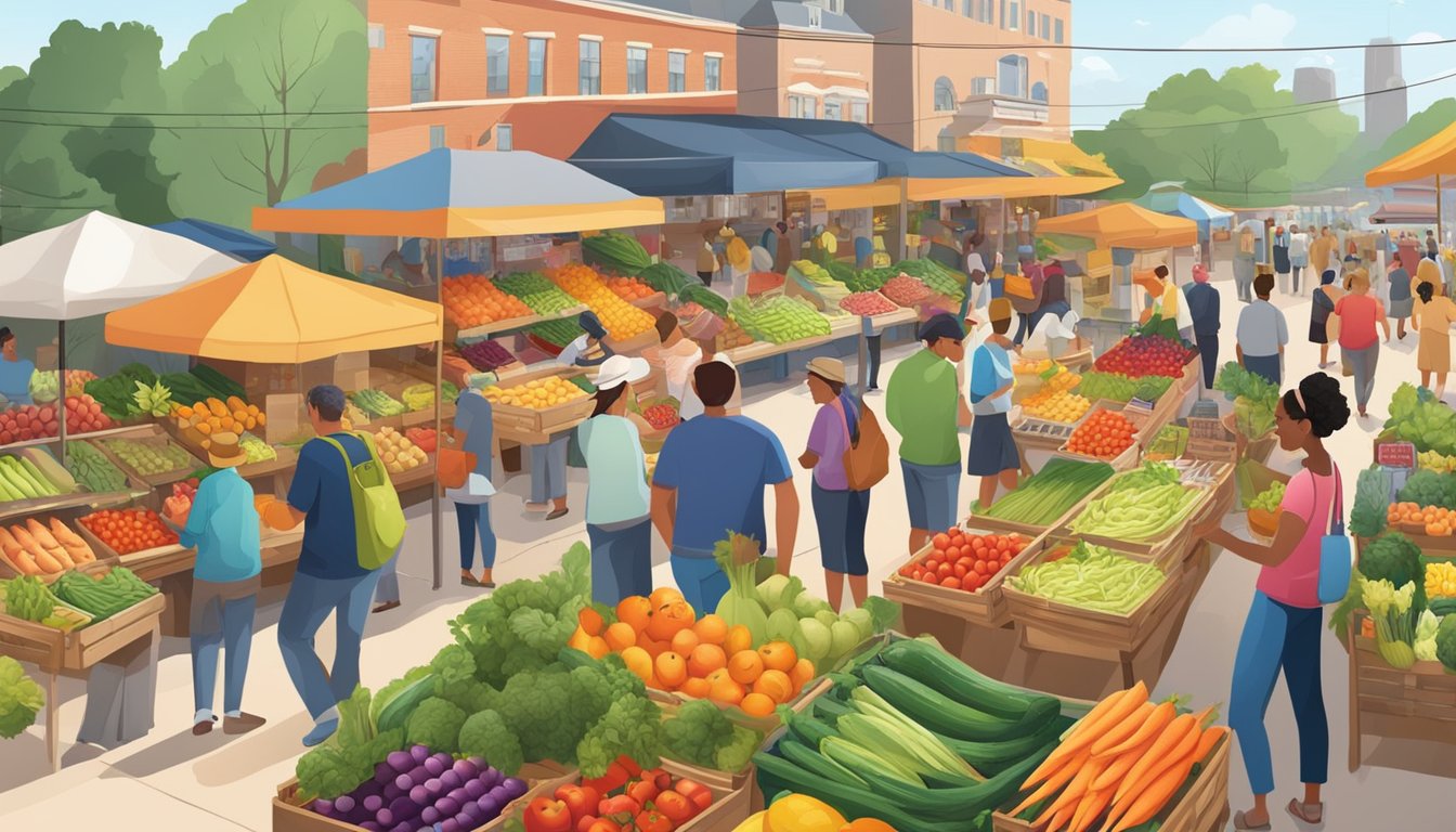 A bustling farmer's market with colorful produce, local vendors, and excited customers browsing through the array of fresh fruits and vegetables