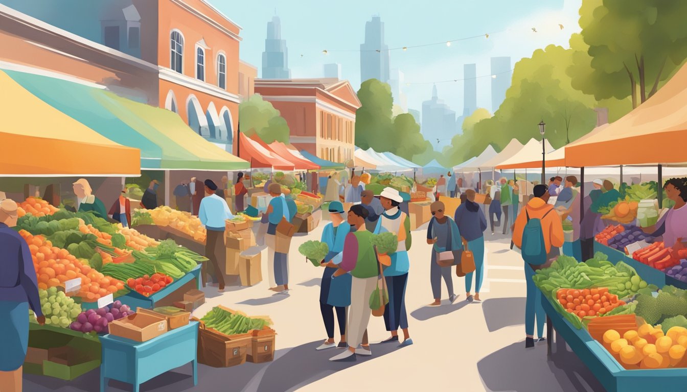 A bustling farmer's market with colorful stalls and a diverse array of fresh produce, local products, and community members engaging with vendors