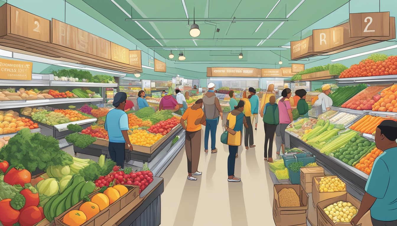 A bustling food cooperative market with colorful displays of fresh produce, locally-sourced goods, and a diverse array of customers browsing the aisles