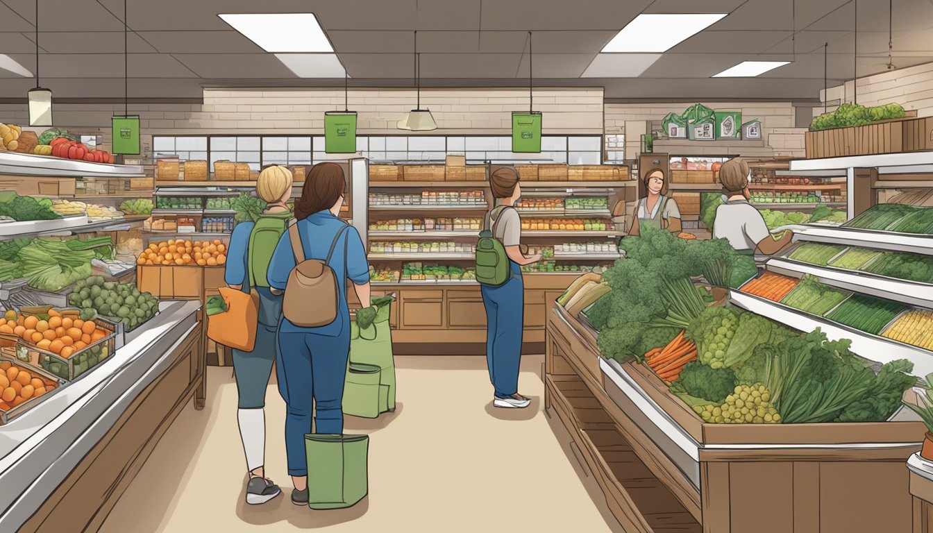 A bustling local food co-op in Broken Arrow, OK, with fresh produce, shelves of pantry items, and customers chatting with staff