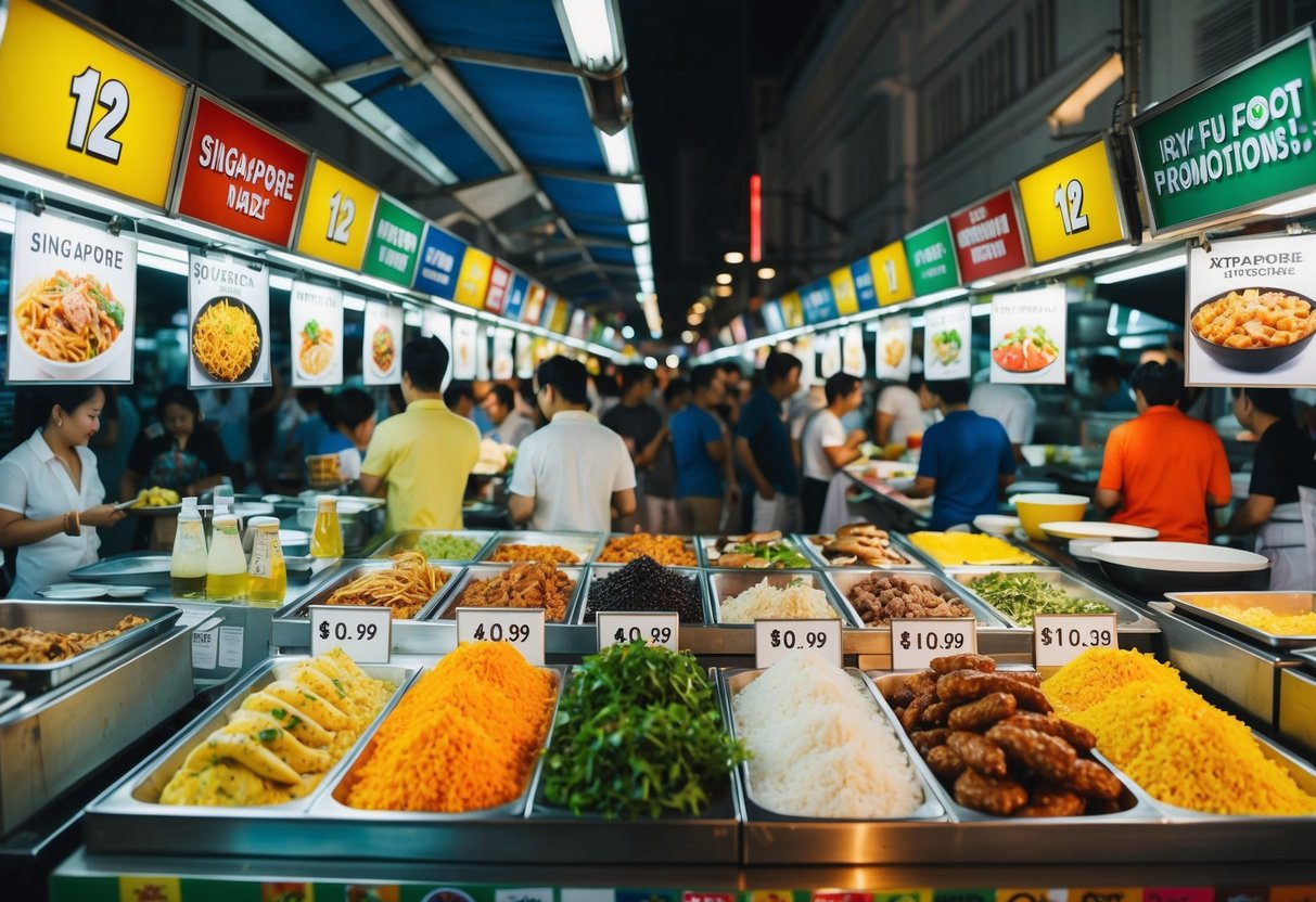 A bustling street market in Singapore, with colorful food stalls offering 12 different promotions. The aroma of various cuisines fills the air