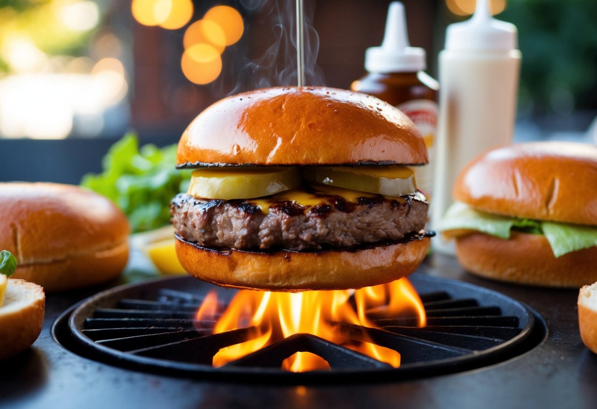 A sizzling Wagyu beef burger being grilled on a hot flame, surrounded by fresh buns and condiments