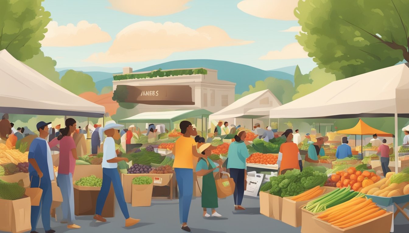 A bustling farmers market with fresh produce, homemade goods, and friendly vendors