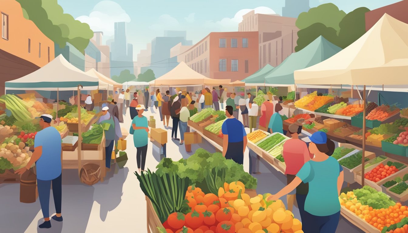 A bustling farmers market with colorful stalls and a variety of fresh produce, surrounded by eager customers and friendly vendors