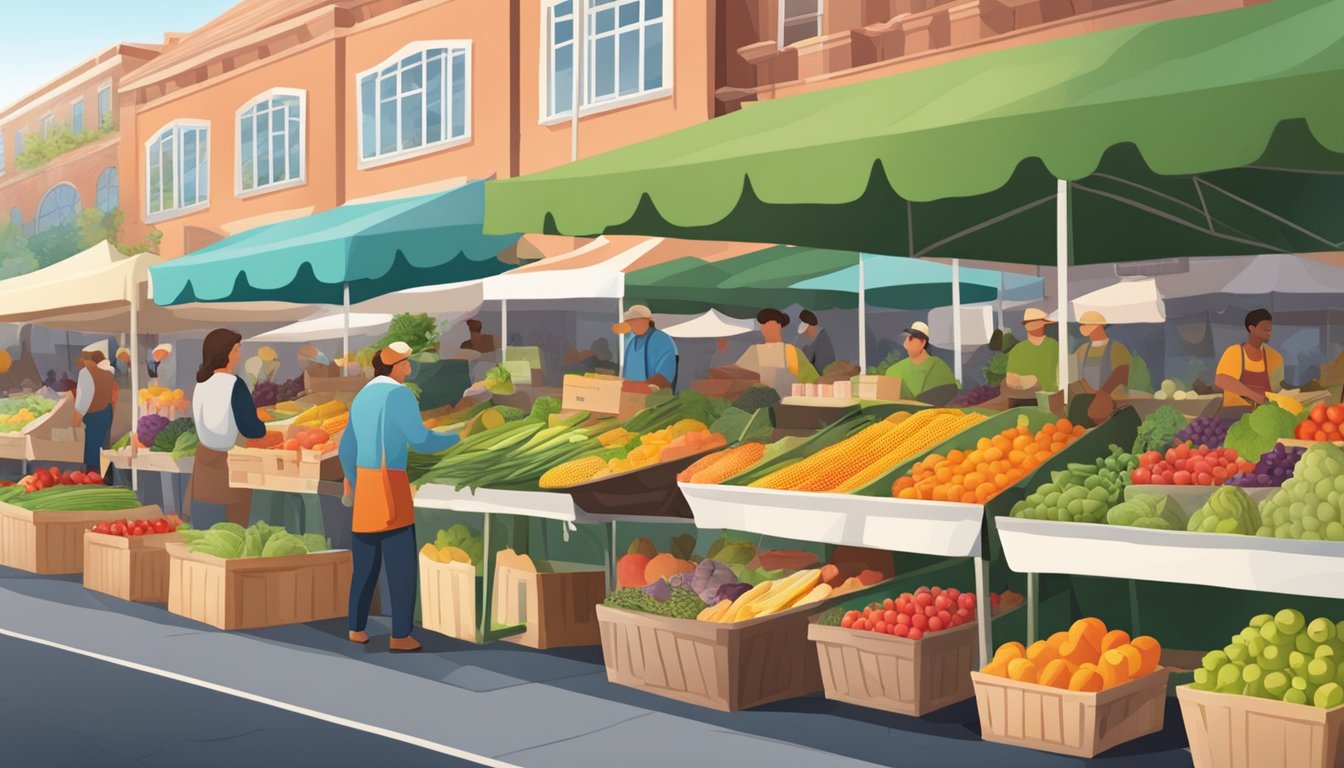 A bustling farmers market with colorful produce stalls and a variety of locally-sourced products