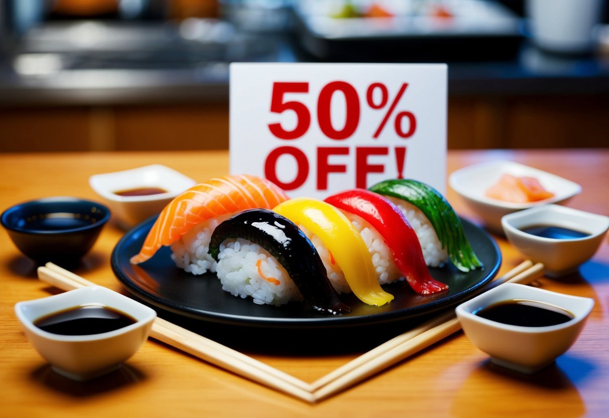 A colorful sushi platter surrounded by chopsticks and soy sauce, with a "50% off" sign in the background