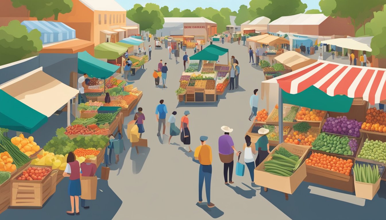 A bustling farmers' market with colorful stalls selling fresh fruits, vegetables, and farm products in Carrollton, TX. Busy shoppers browse the selection