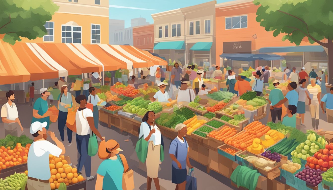 A bustling farmer's market with colorful produce, local vendors, and happy customers exchanging goods and conversation