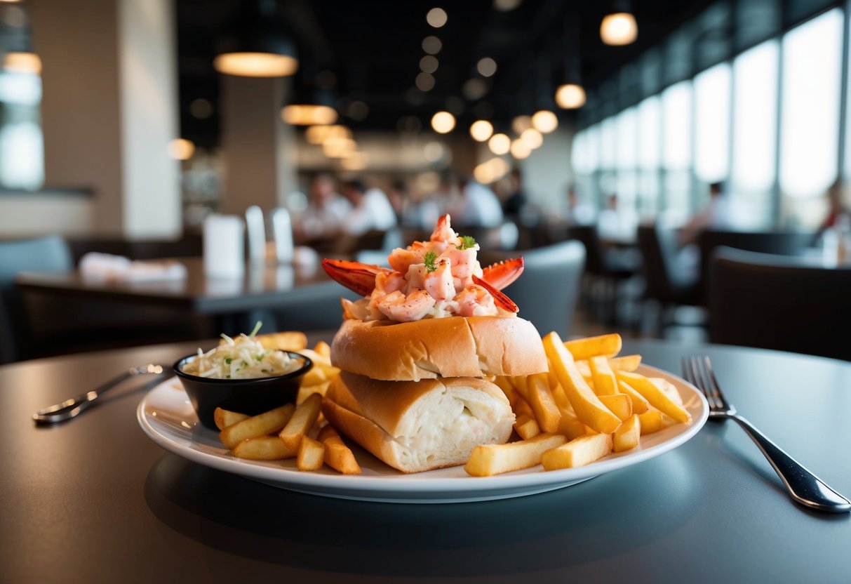 A mouth-watering lobster roll on a plate, surrounded by fries and a side of coleslaw, sitting on a sleek table in a bustling restaurant