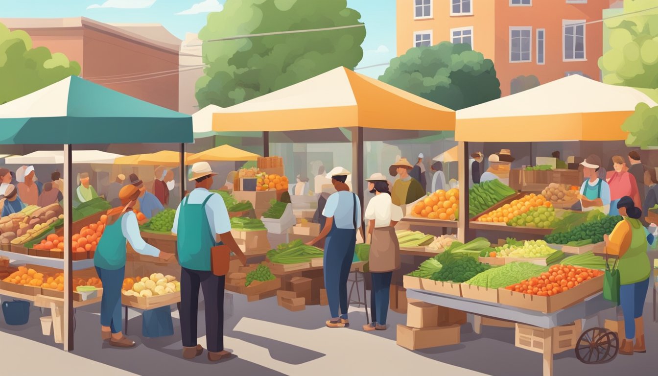 A bustling farmers market with colorful stalls and a variety of locally produced foods and goods. Customers chat with friendly artisans and producers