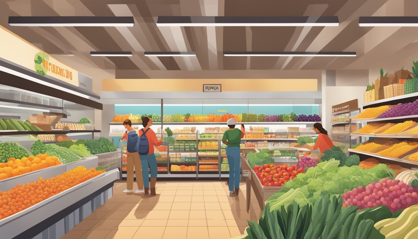 A bustling local food co-op with colorful produce, shelves stocked with goods, and customers browsing the aisles