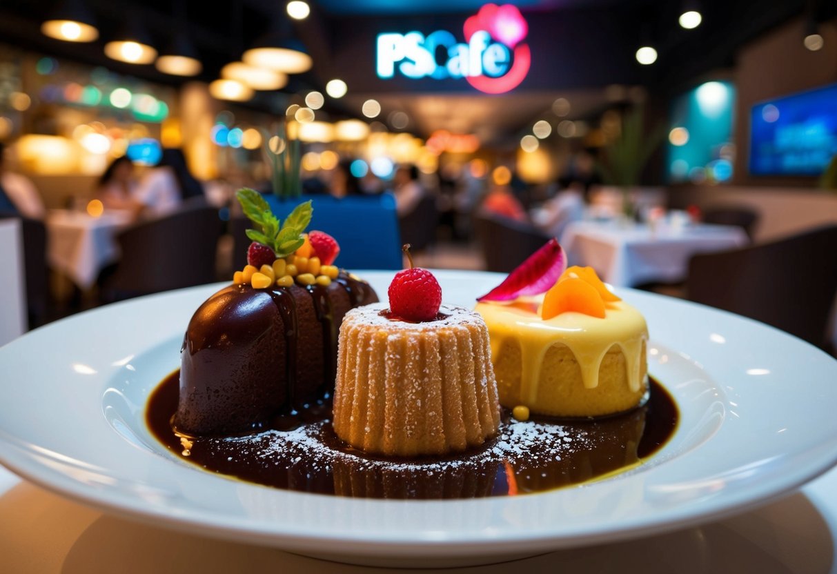 A decadent dessert accompanies a gourmet main course at PS.Cafe, surrounded by the vibrant atmosphere of a bustling Singapore food promotion