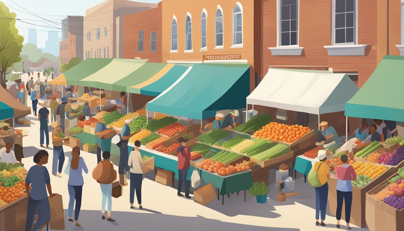 A bustling farmers' market with diverse, colorful produce and local vendors, surrounded by a community of eager shoppers