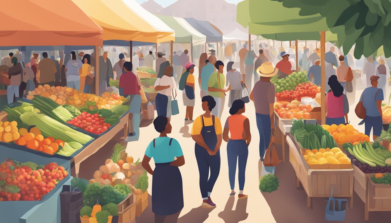 A bustling farmers' market with colorful produce stalls and a diverse crowd browsing and chatting with vendors